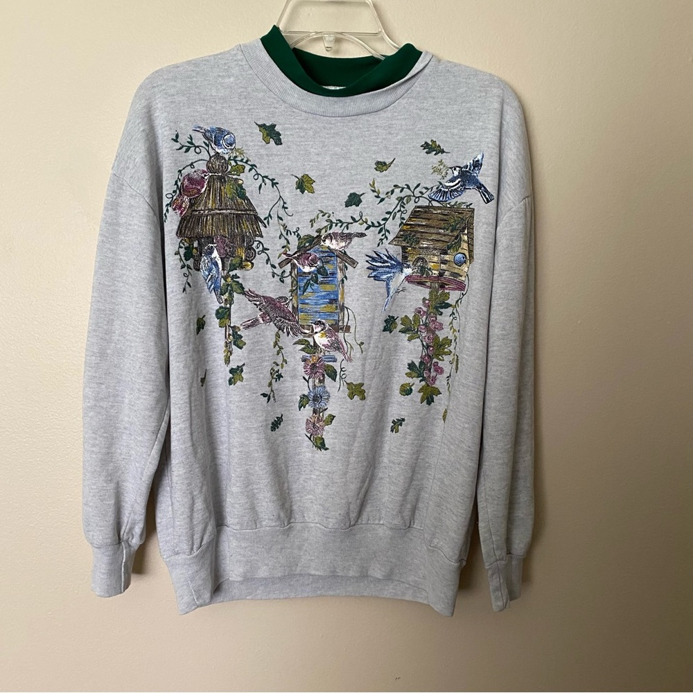 Vtg M basic additions bird birdhouse grey green pullover sweater EUC